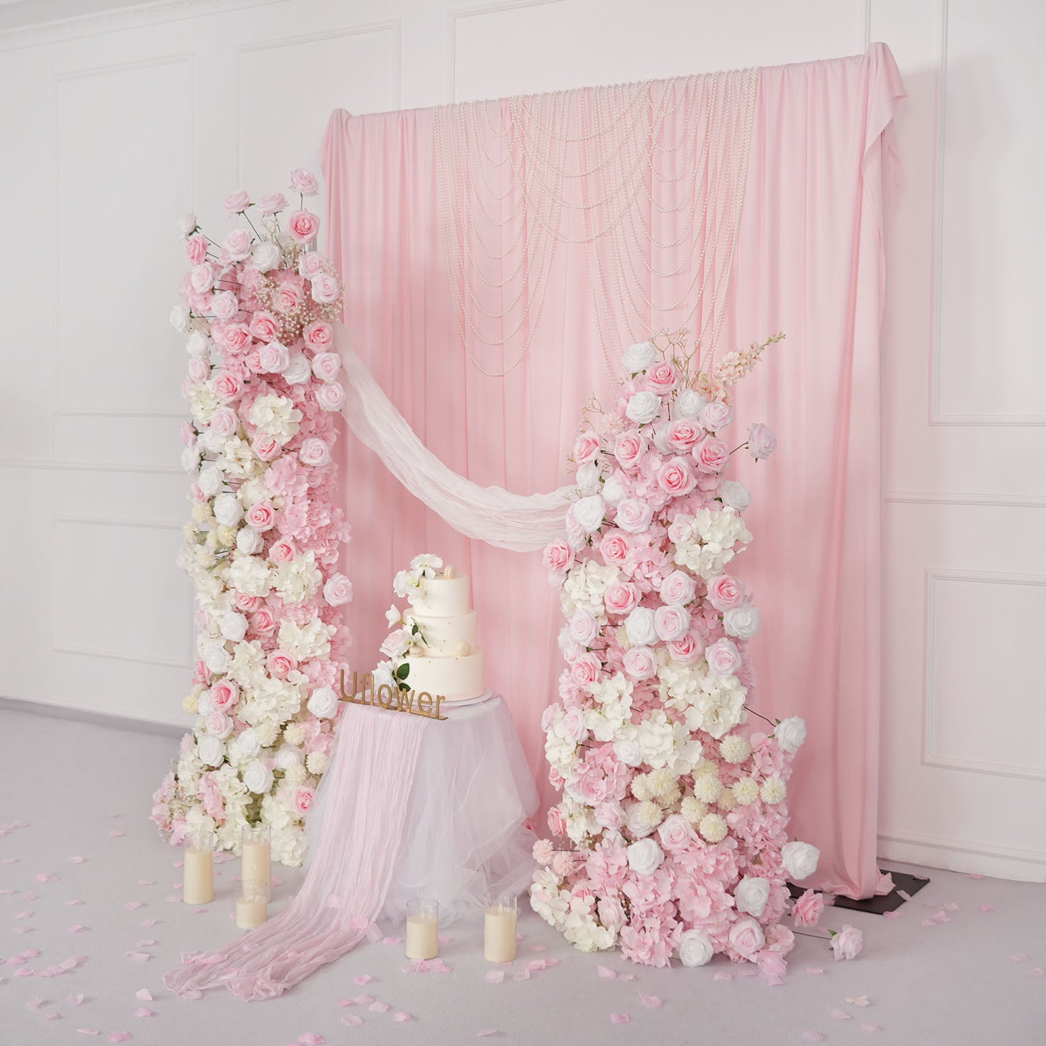Uflower Artificial Pink White Wedding KT Backdrop Flower Row Decor